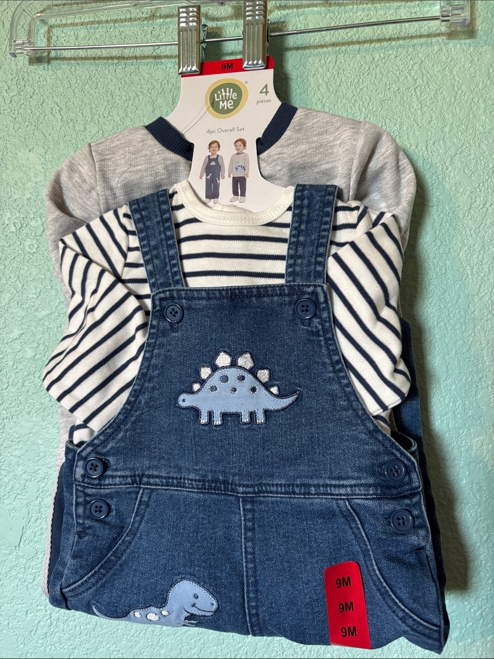 🆕 Little Me 4 piece overall set, blue dinosaur - NWT